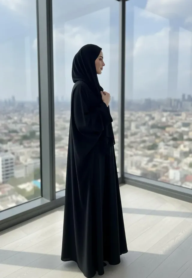 العباءة الكلاسيكية الأساسية باللون الأسود بياقة على شكل من قماش ندا - – صورة 2