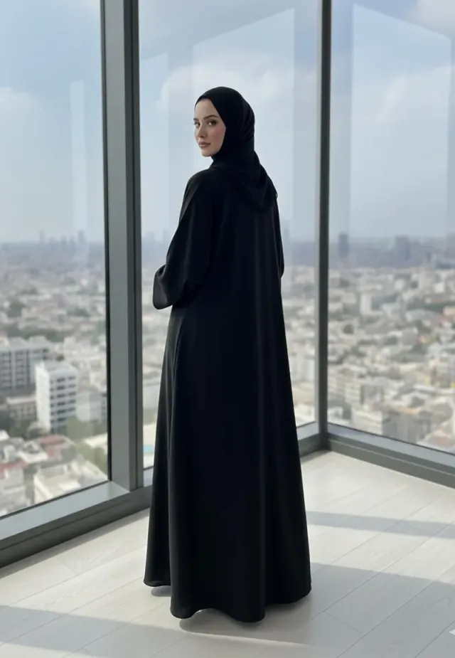 العباءة الكلاسيكية الأساسية باللون الأسود بياقة على شكل من قماش ندا - – صورة 3