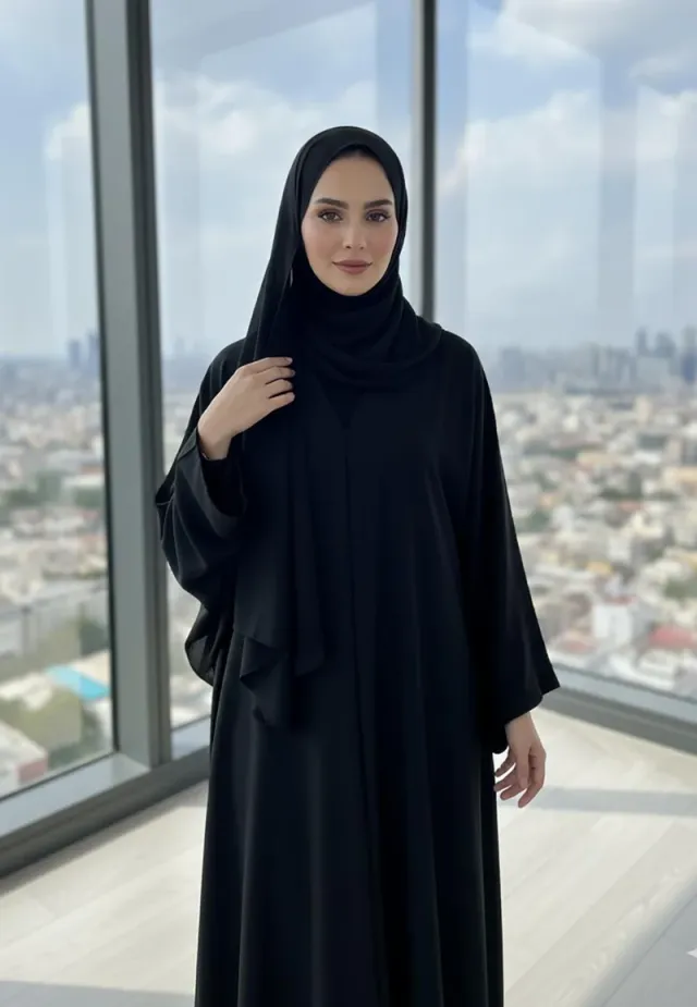 العباءة الكلاسيكية الأساسية باللون الأسود بياقة على شكل من قماش ندا - – صورة 4