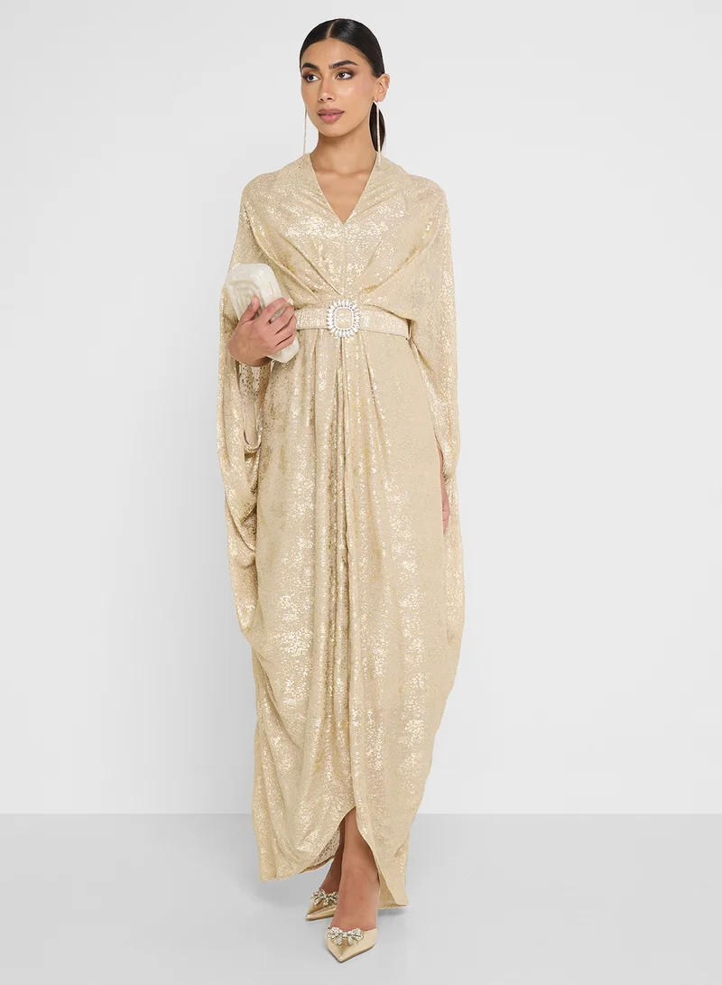 Wrinkle Broche Belted Dress