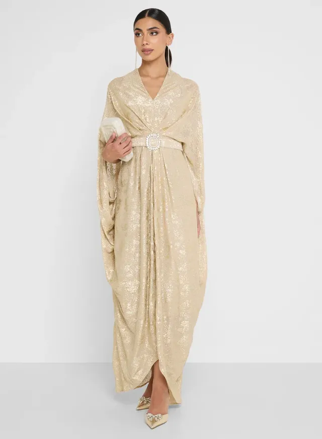 Wrinkle Broche Belted Dress
