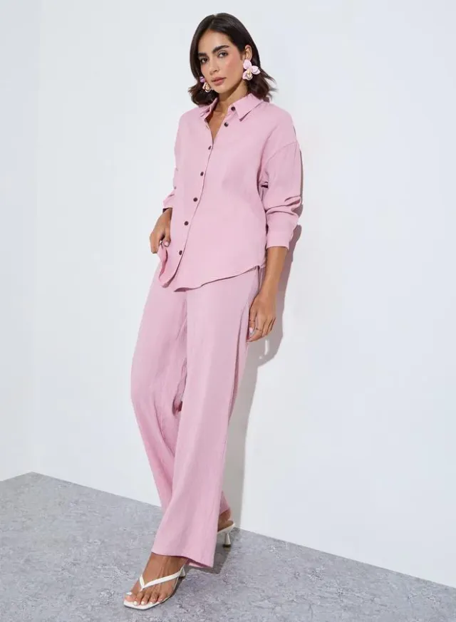 oversize fit long length shirt with shirt collar and wide leg pants modest set