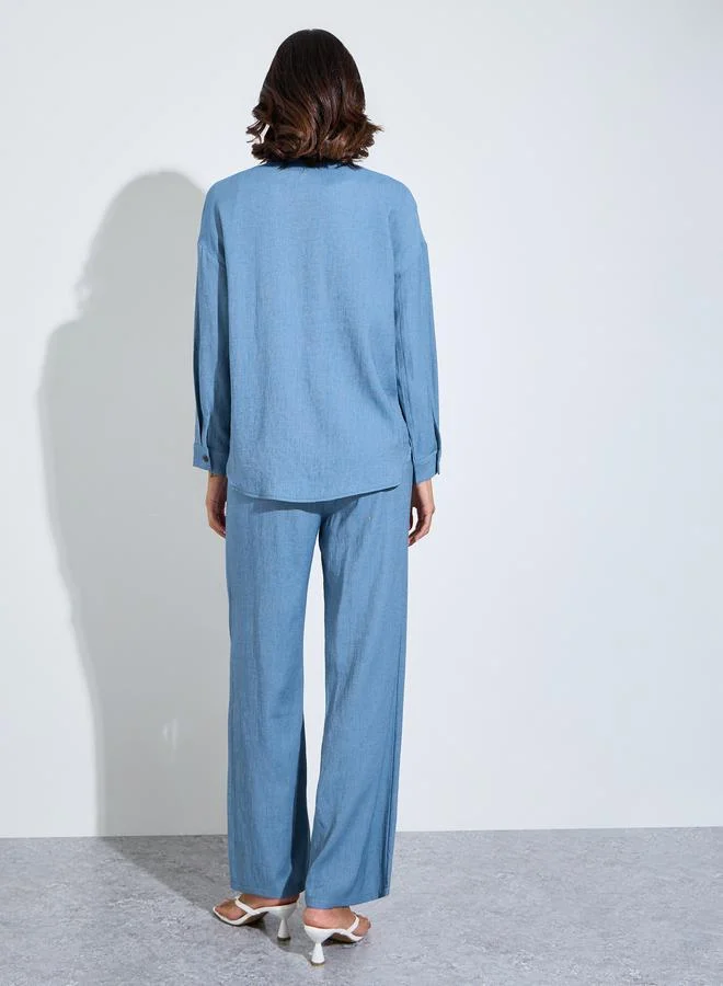 oversize fit long length shirt with shirt collar and wide leg pants modest set
