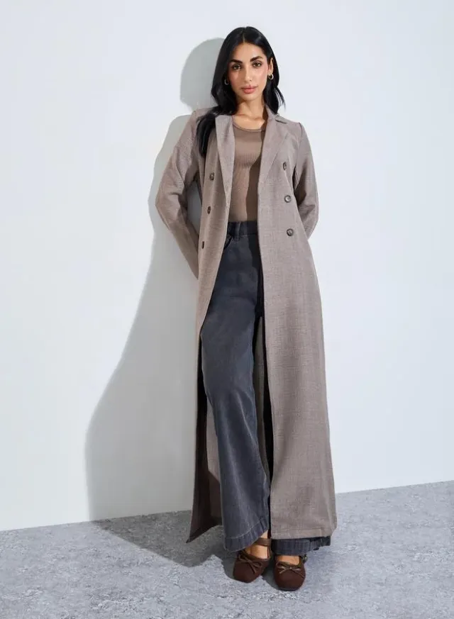 Brown Front Open Abaya with Notch Lapel