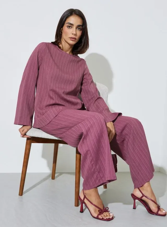 Burgundy Textured Long Top and Wide-Leg Trousers Modest Set