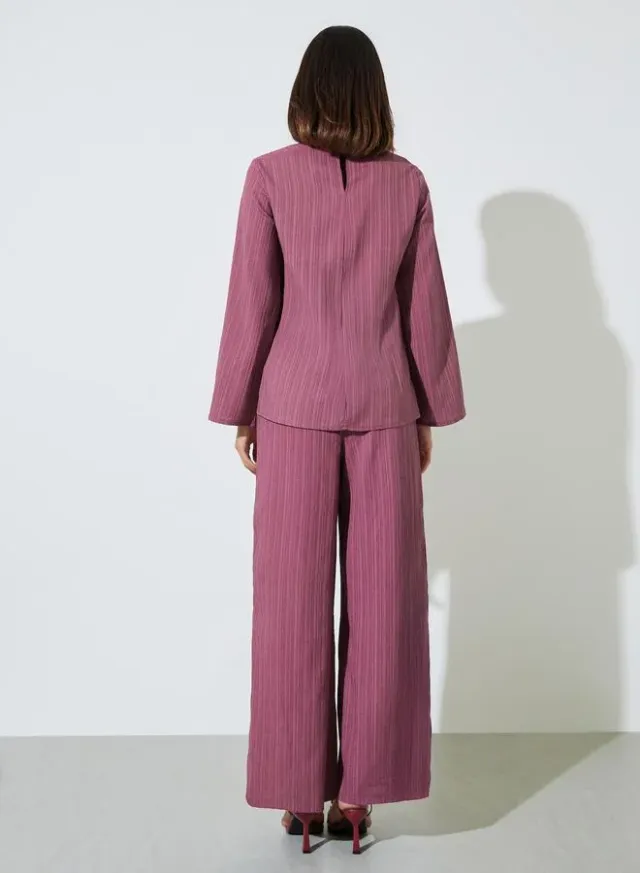 Burgundy Textured Long Top and Wide-Leg Trousers Modest Set – image 3