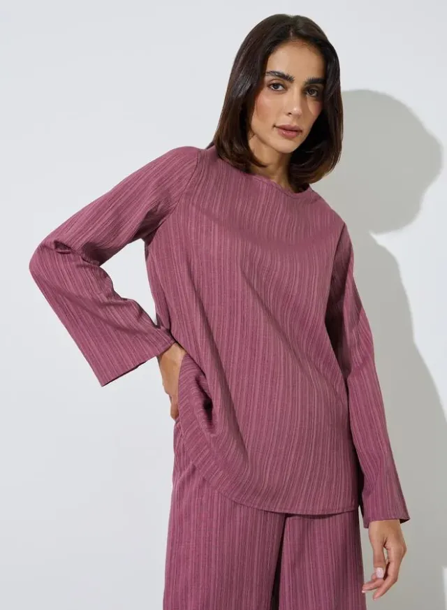 Burgundy Textured Long Top and Wide-Leg Trousers Modest Set – image 4