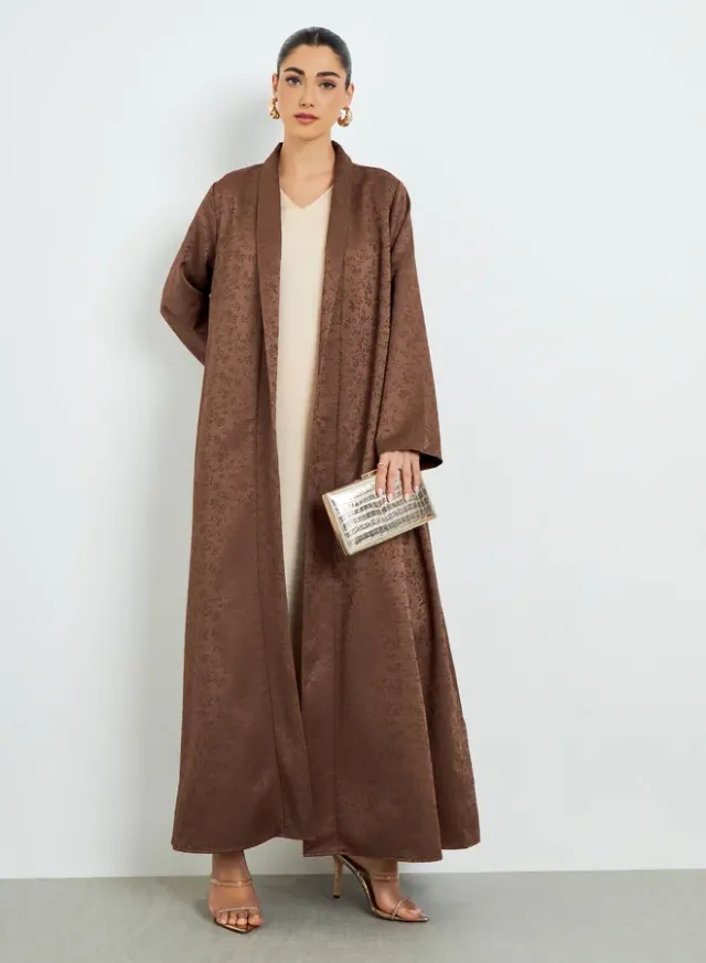 Beige Front Open Jacquard Abaya