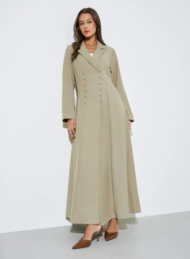 Khaki Solid Double Breasted Abaya with Button Fastening