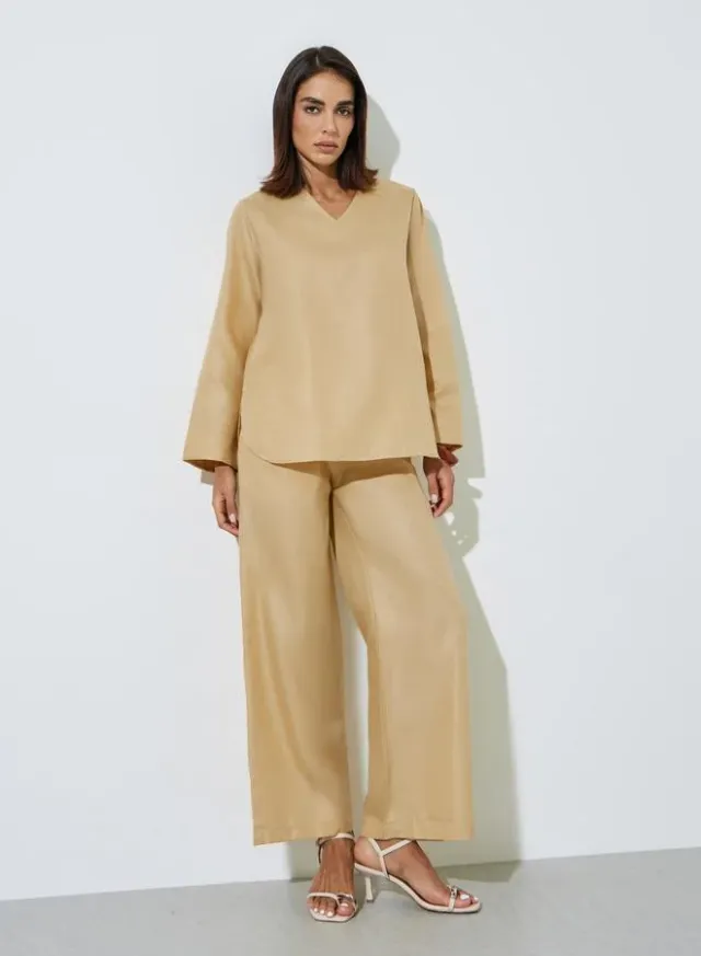 Purple Solid V-Neck Top and Wide Leg Pants Set