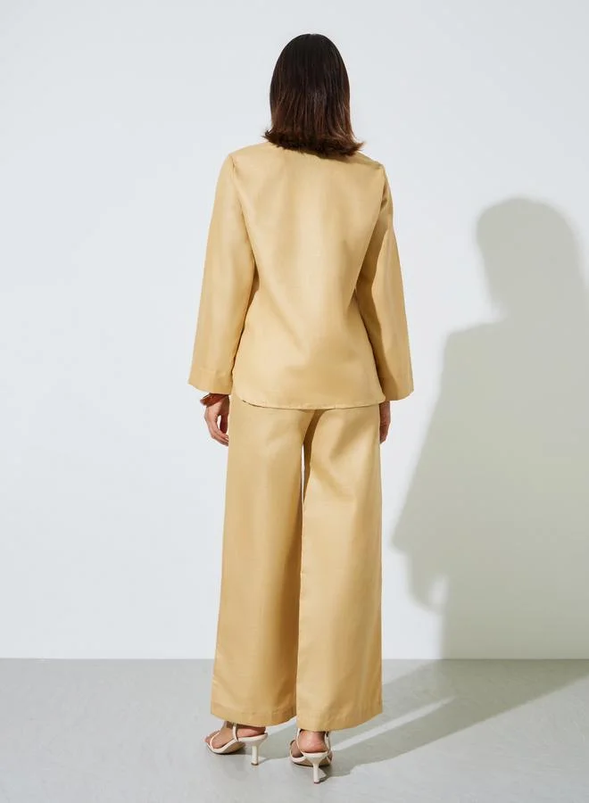 طقم توب بياقة V وبنطال واسع الساق - بنفسجي