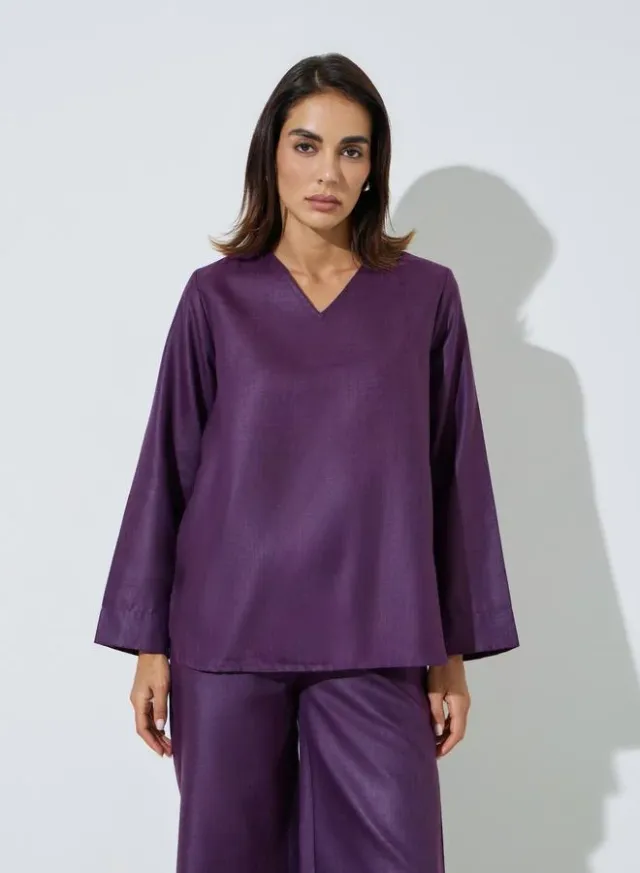 Purple Solid V-Neck Top and Wide Leg Pants Set – image 2