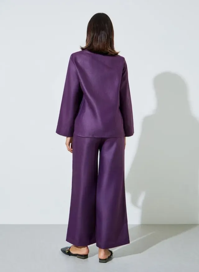 Purple Solid V-Neck Top and Wide Leg Pants Set – image 3