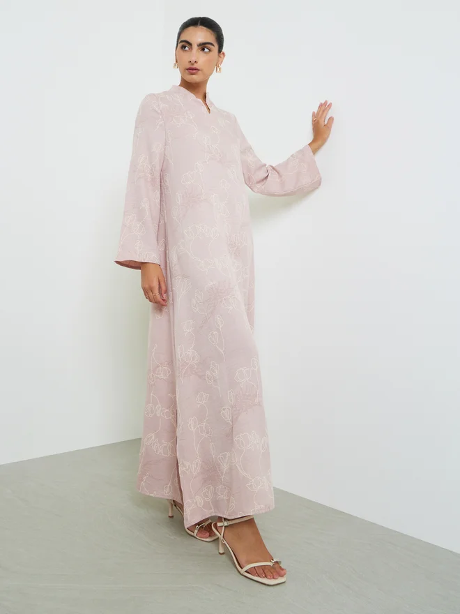 Styli Pink All Over Print Stand Collar Jalabiya with Side Slit