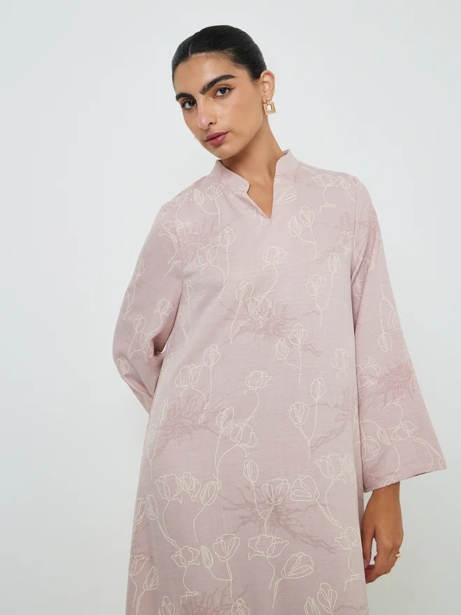 Styli Pink All Over Print Stand Collar Jalabiya with Side Slit