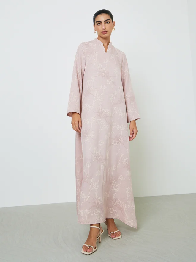 Styli Pink All Over Print Stand Collar Jalabiya with Side Slit