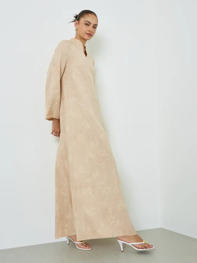 Styli Pink All Over Print Stand Collar Jalabiya with Side Slit