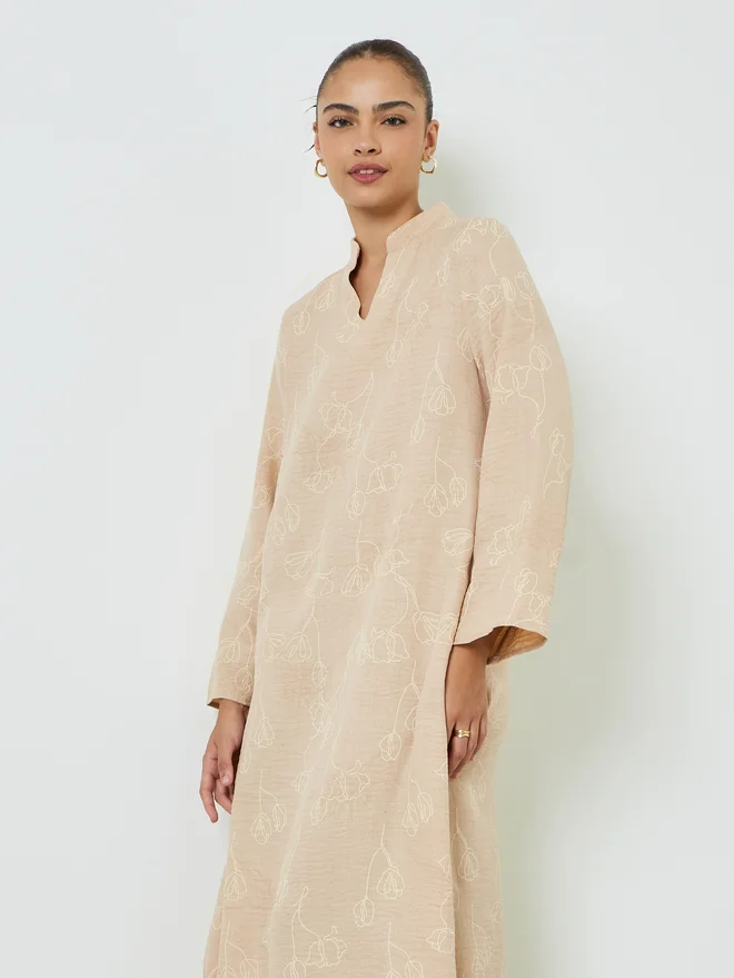 Styli Pink All Over Print Stand Collar Jalabiya with Side Slit