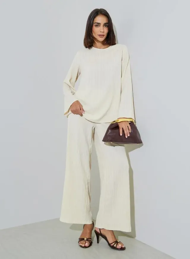 Cream Textured Long Top and Wide-Leg Trousers Modest Set