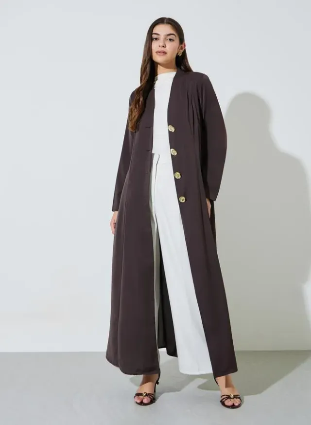 Coffee Brown Front Button Long Sleeves Abaya – image 5