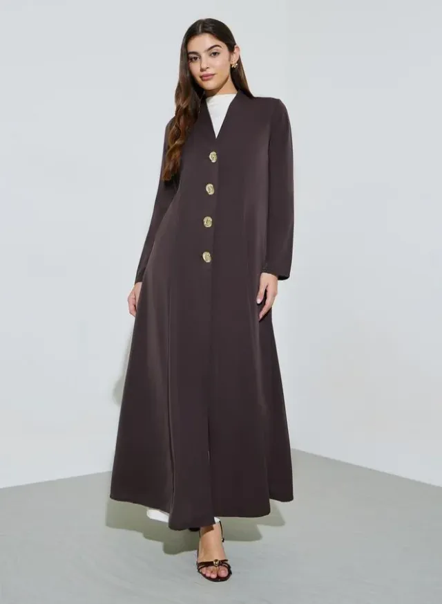 Coffee Brown Front Button Long Sleeves Abaya