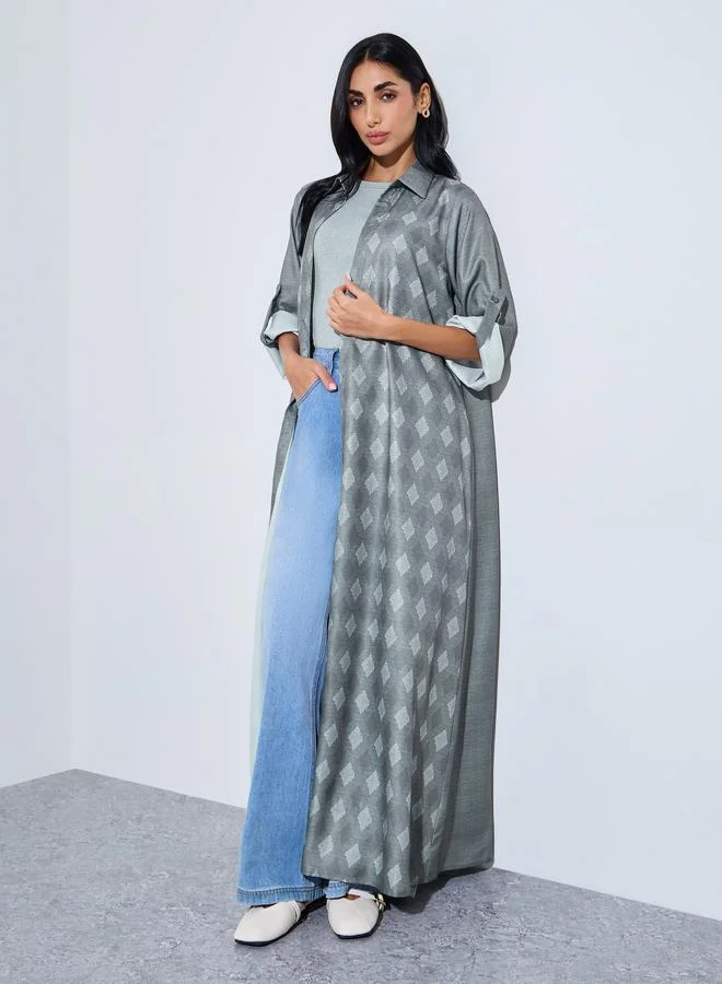 Grey Printed Front Open Abaya with Roll-Up Sleeve