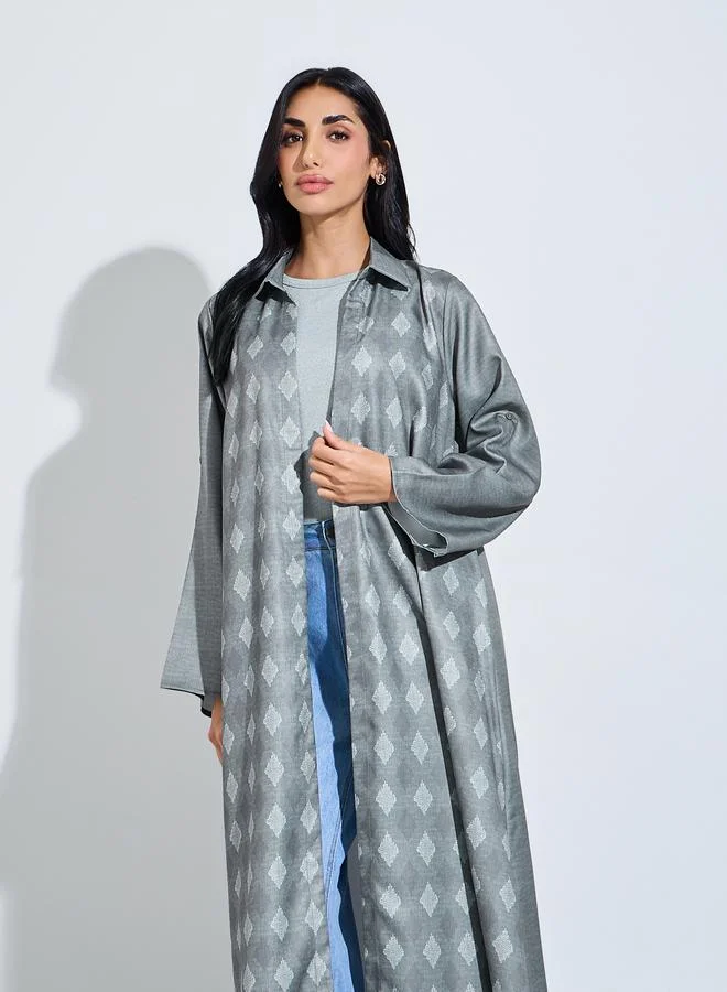 Grey Printed Front Open Abaya with Roll-Up Sleeve