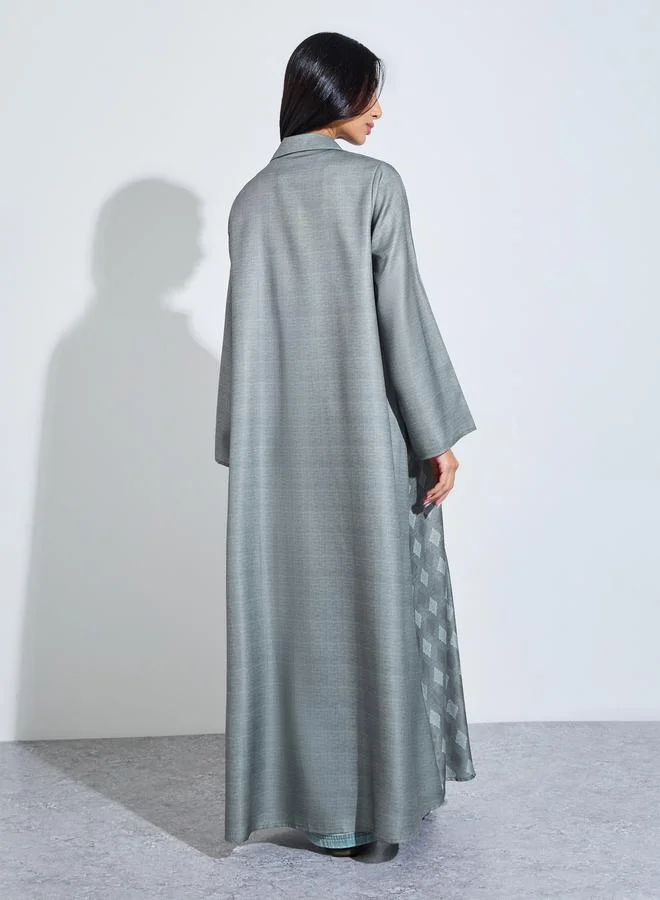 Grey Printed Front Open Abaya with Roll-Up Sleeve