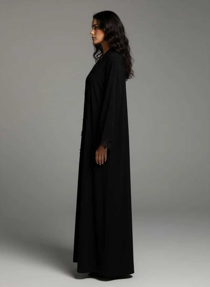 Black Abaya with Star Lace - Soft  Fabric Modest Kimonoh With Matching Headscarf