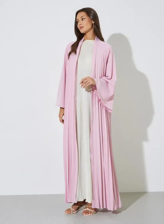 Light Pink Solid Pleated Open Front Abaya