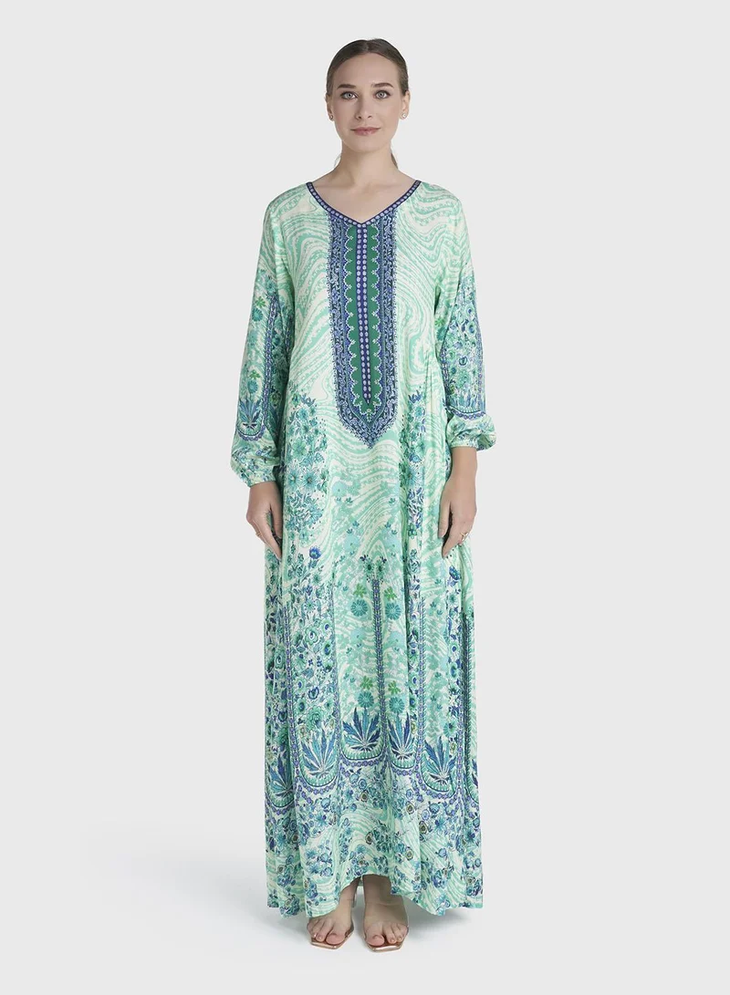 Green Colour Stone Work Rayon Abstract Printed Jalabiya (VDC127)