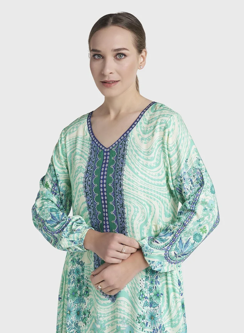 Green Colour Stone Work Rayon Abstract Printed Jalabiya (VDC127)
