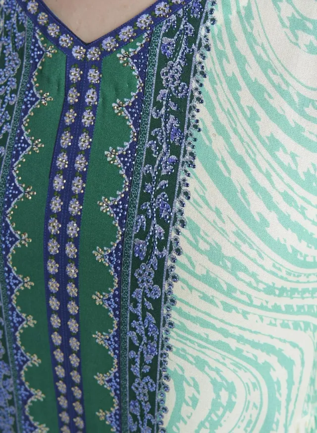 Green Colour Stone Work Rayon Abstract Printed Jalabiya (VDC127) – صورة 5