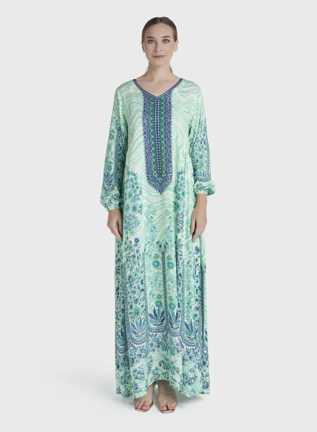 Green Colour Stone Work Rayon Abstract Printed Jalabiya (VDC127)