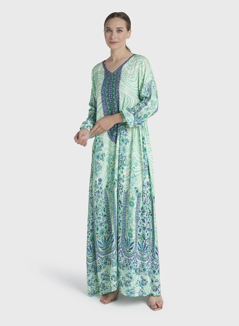 Green Colour Stone Work Rayon Abstract Printed Jalabiya (VDC127)