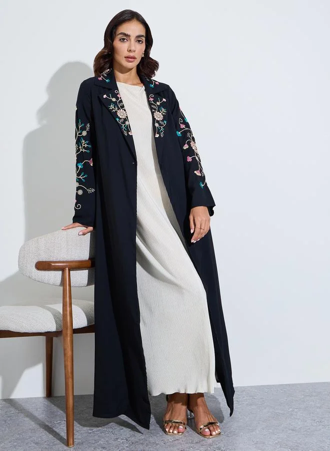Black Floral Embroidery Open Front Abaya