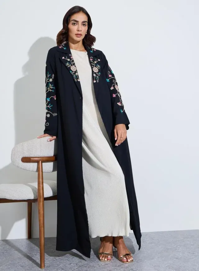 Black Floral Embroidery Open Front Abaya