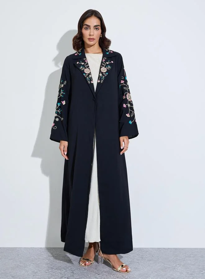 Black Floral Embroidery Open Front Abaya