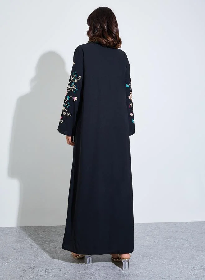 Black Floral Embroidery Open Front Abaya