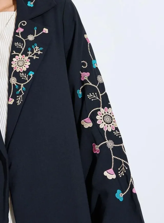 Black Floral Embroidery Open Front Abaya – image 4