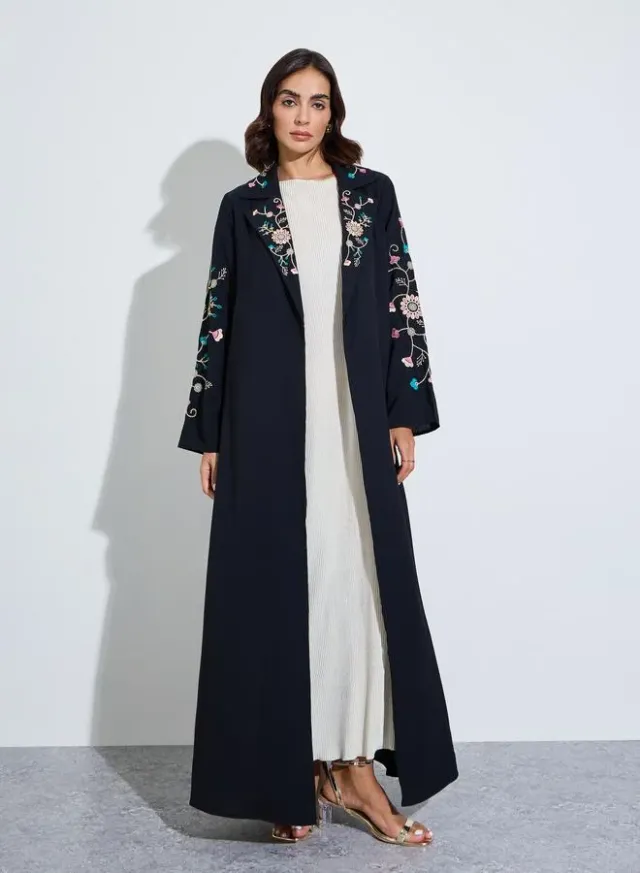 Black Floral Embroidery Open Front Abaya – image 5