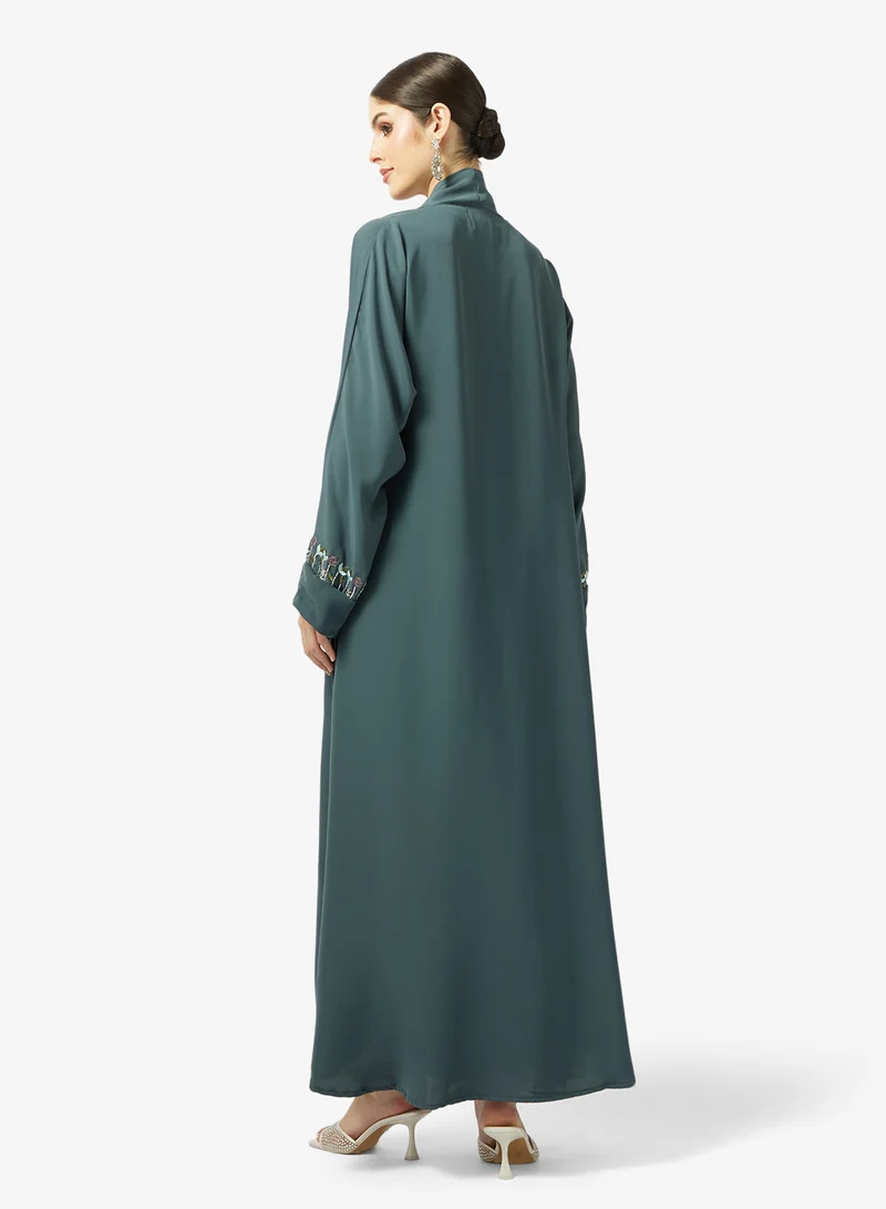 Floral Embroidered And Embellished Open Front V Neck Abaya