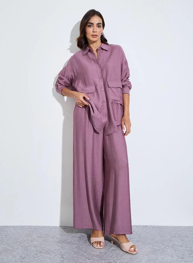 Purple Oversized Shirt and Wide Leg Pants Modest Set