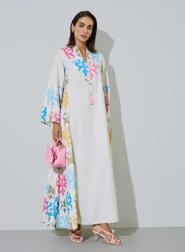 Off White Printed Panel Jalabiya with Tassel Detail