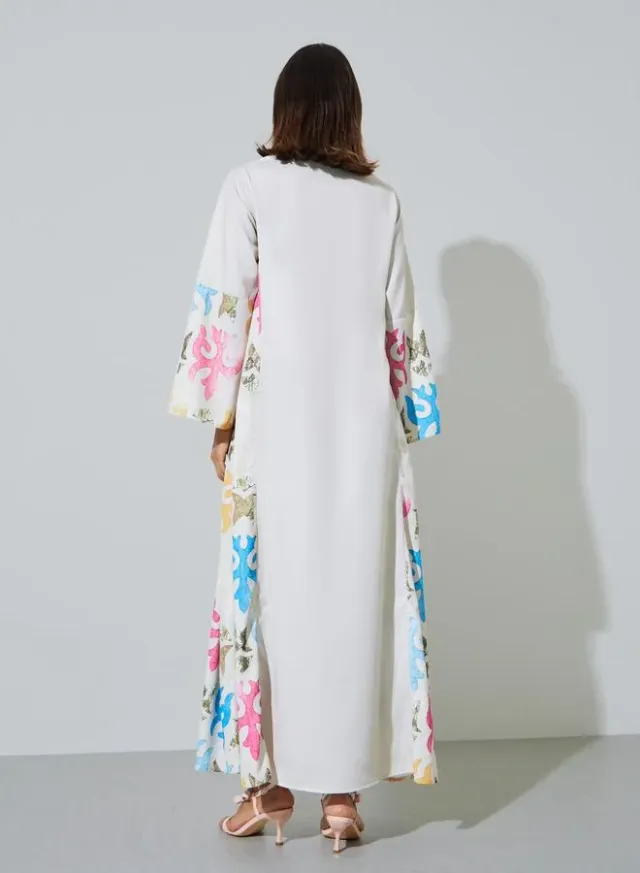 Off White Printed Panel Jalabiya with Tassel Detail – image 3