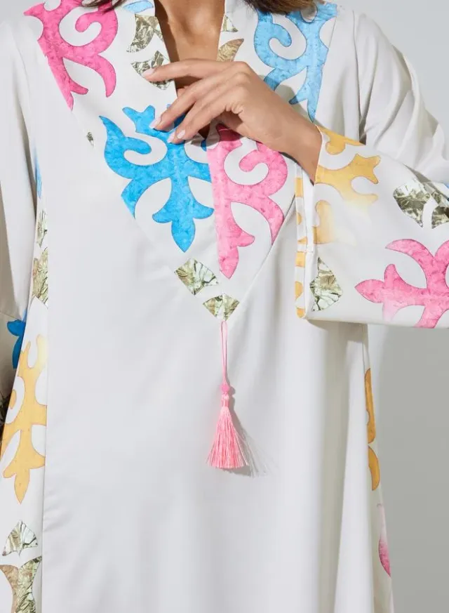Off White Printed Panel Jalabiya with Tassel Detail – image 4
