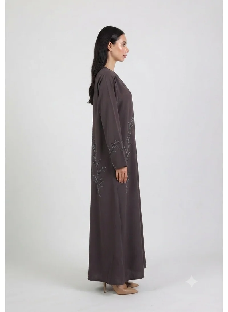 Dark Grey Double Chiffon Abaya with Handwork on Front and Sleeves – Party Wear with Matching Sheila