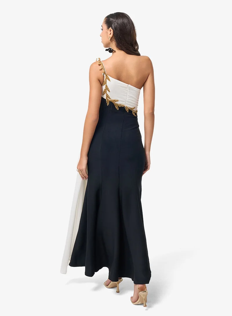 Contrast One Shoulder Maxi Dress