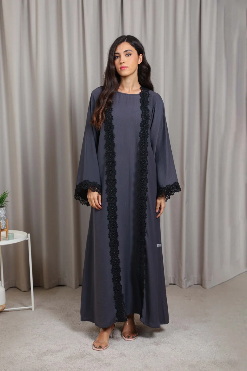 Nikias Grey Inner Abaya Set with Elegant Black Lace Detail