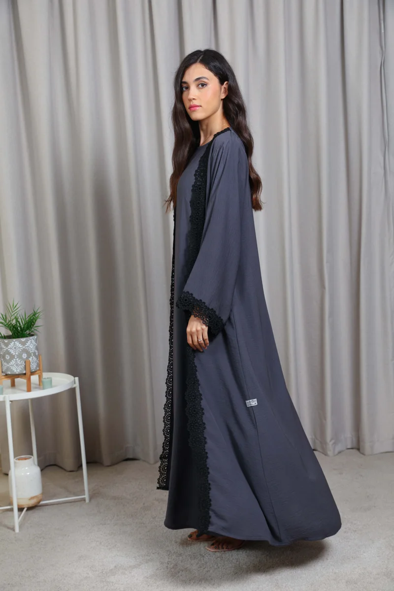 Nikias Grey Inner Abaya Set with Elegant Black Lace Detail